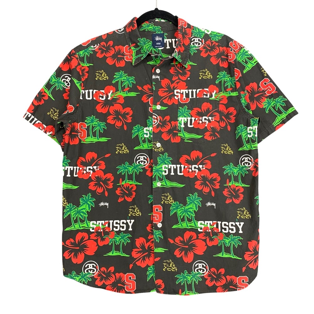 Vintage Stussy Button Up Hawaiian Shirt Floral AOP Mens M Streetwear y2k Surf